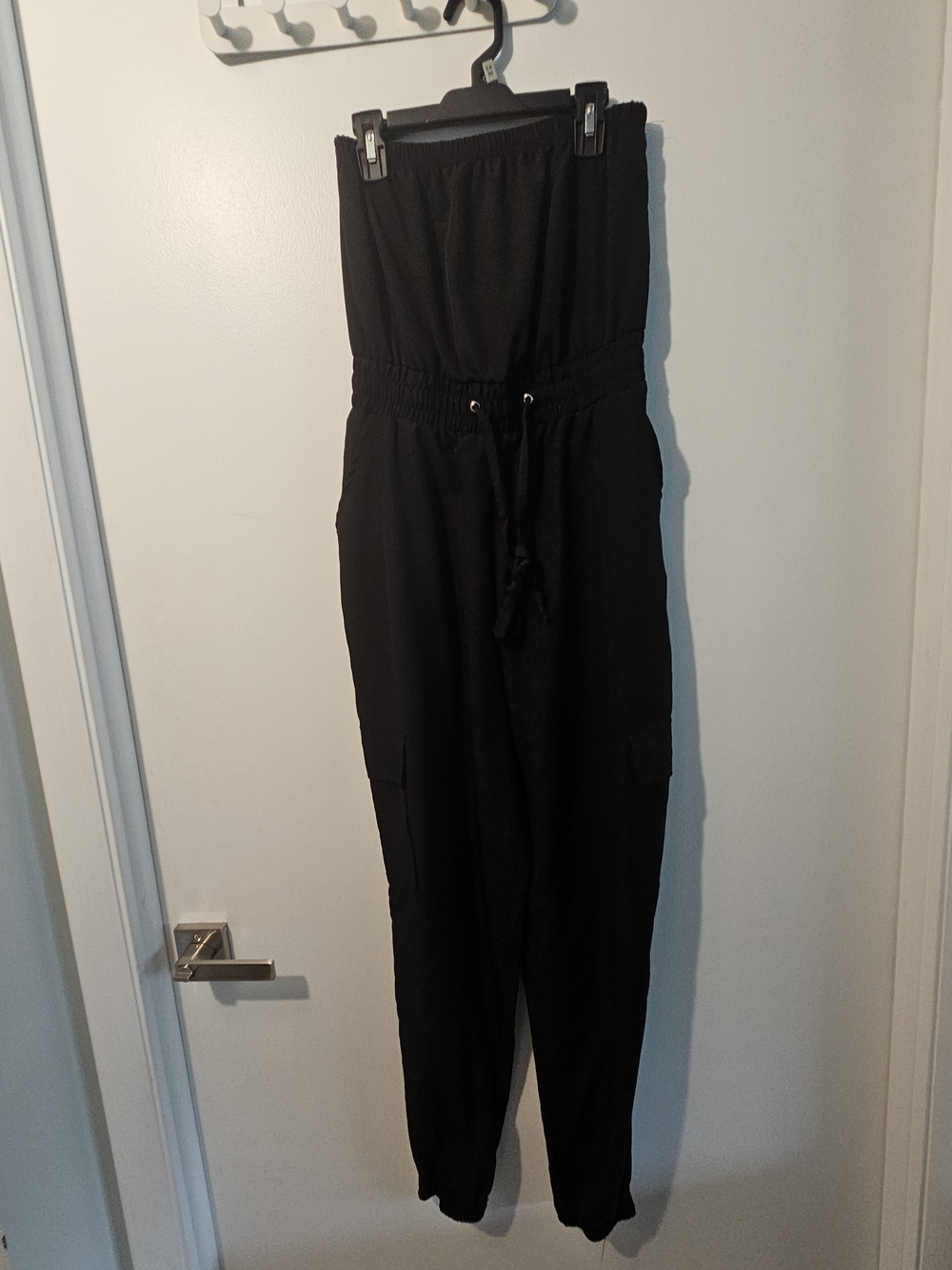 Strapless Black Drawstring-Waist Jumpsuit